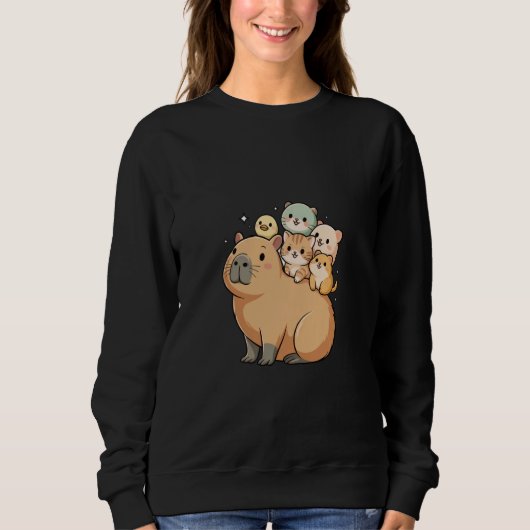 Funny Capybara with Tiny Animal Friends Duck Cat H Sweatshirt (Vorderseite)