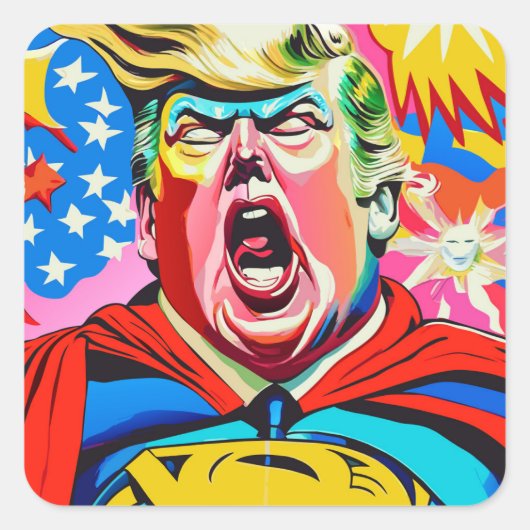 Funny Caricature Superhero Donald Trump Portrait Quadratischer Aufkleber (Vorderseite)