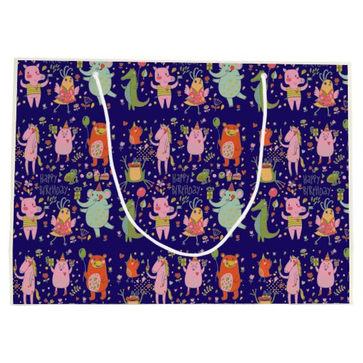 Funny Cartoon Animals Sing Happy Birthday Große Geschenktüte (Rückseite)