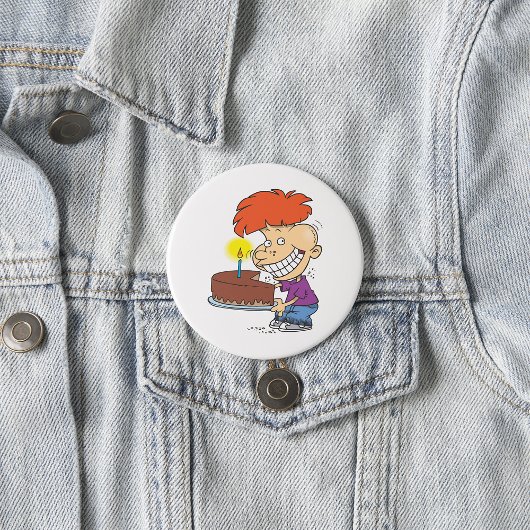 Funny Cartoon Boy with Chocolate Birthday Cake Button