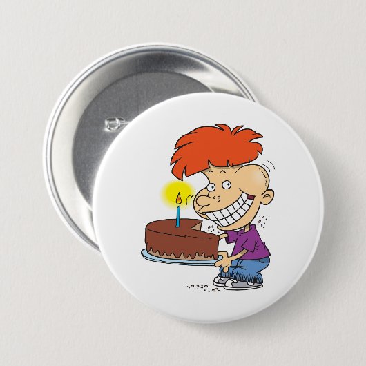 Funny Cartoon Boy with Chocolate Birthday Cake Button (Vorne & Hinten)