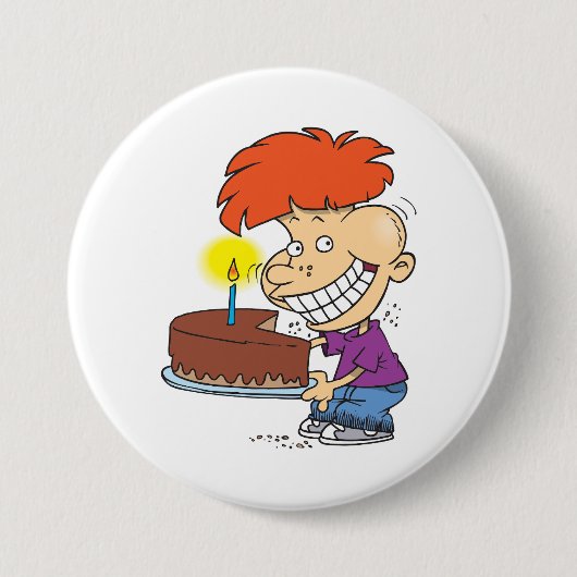 Funny Cartoon Boy with Chocolate Birthday Cake Button (Vorderseite)