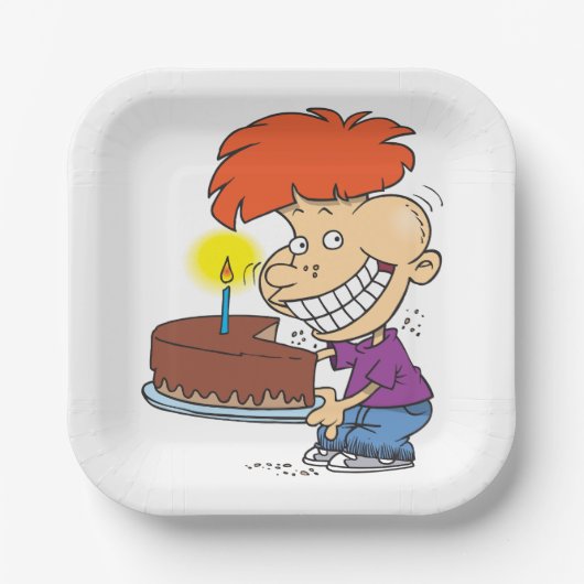 Funny Cartoon Boy with Chocolate Birthday Cake Pappteller (Vorderseite)