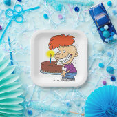 Funny Cartoon Boy with Chocolate Birthday Cake Pappteller
