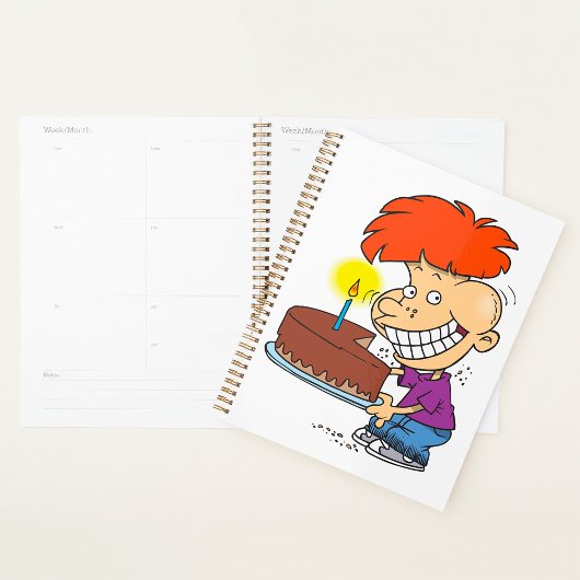 Funny Cartoon Boy with Chocolate Birthday Cake Planer