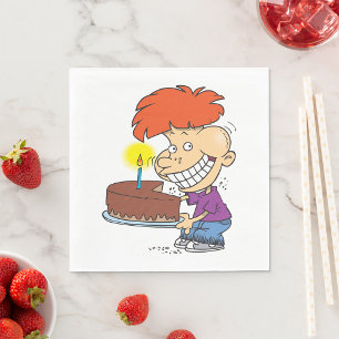 Funny Cartoon Boy with Chocolate Birthday Cake Serviette