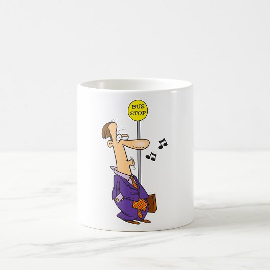Funny Cartoon BusinessMann an Bushaltestelle Kaffeetasse