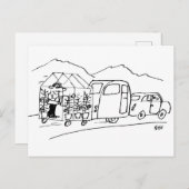 Funny Cartoon Car Towing Caravan und Greenhouse Postkarte (Vorne/Hinten)