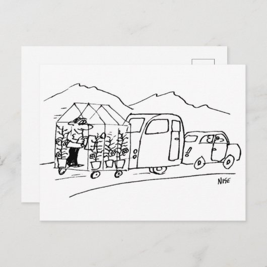 Funny Cartoon Car Towing Caravan und Greenhouse Postkarte (Vorne/Hinten)