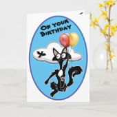 Funny Cartoon Cat fliegt in blauem Himmel Geburtst Karte (Gelbe Blume)