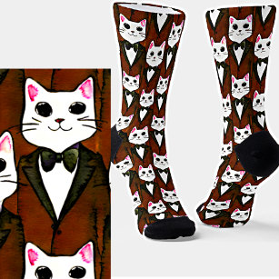 Funny Cartoon Cats in Brown Anzugs & Bow Krawatte Socken