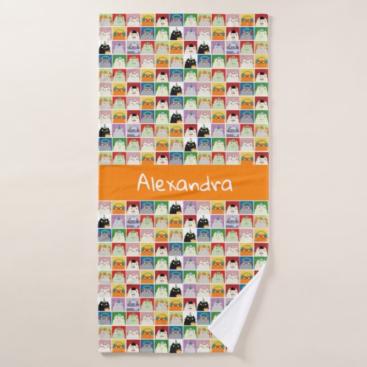 Funny Cartoon Collage Cats Modernes Orange Monogra Badehandtuch (Badehandtuch)