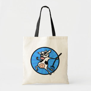 FUNNY CARTOON COW MIT PITCH FORK TOTE BAG TRAGETASCHE