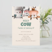 Funny Cartoon Cow Zweites Geburtstag Einladung (Stehend Vorderseite)