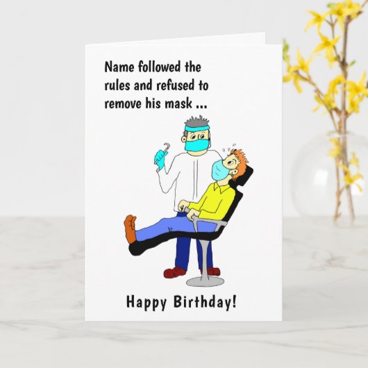 Funny Cartoon Dentist Face Mask Male Birthday Karte (Gelbe Blume)