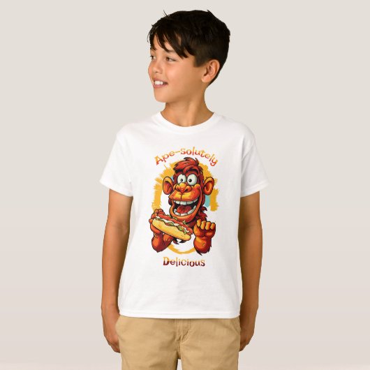 Funny Cartoon Design Affe essen einen Hot Dog T-Shirt (Vorne ganz)