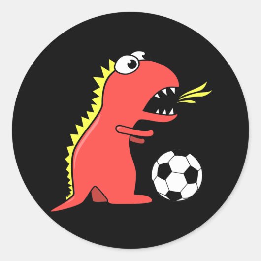 Funny Cartoon Dinosaur Playing Soccer Black Runder Aufkleber (Vorderseite)