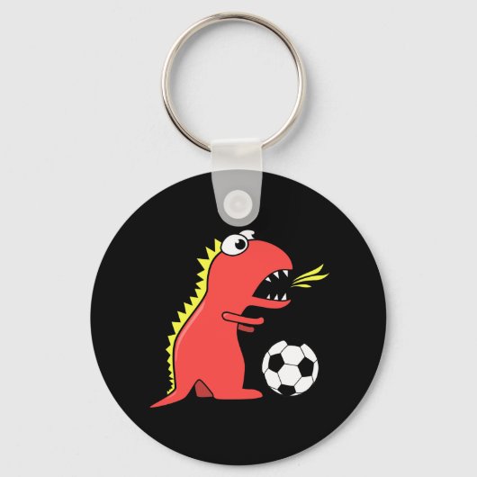 Funny Cartoon Dinosaur Playing Soccer Black Schlüsselanhänger (Vorderseite)
