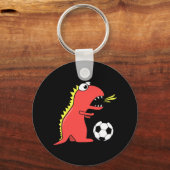 Funny Cartoon Dinosaur Playing Soccer Black Schlüsselanhänger (Vorderseite)