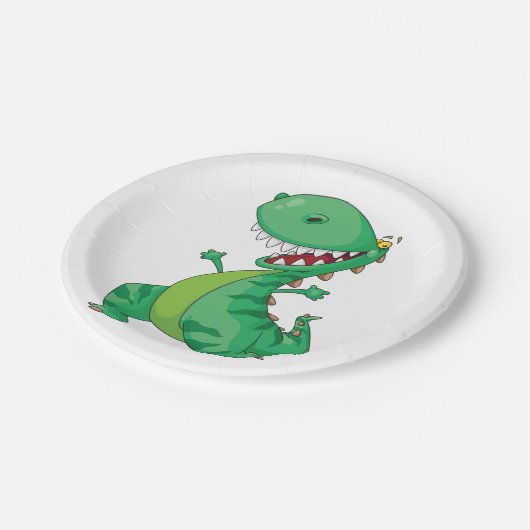 Funny Cartoon Dinosaur Roaring T-Rex Pappteller (Schrägansicht)