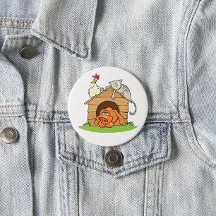 Funny Cartoon Dog Cat and Chicken on Doghouse Button