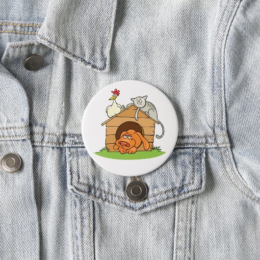 Funny Cartoon Dog Cat and Chicken on Doghouse Button