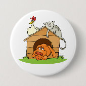 Funny Cartoon Dog Cat and Chicken on Doghouse Button (Vorderseite)