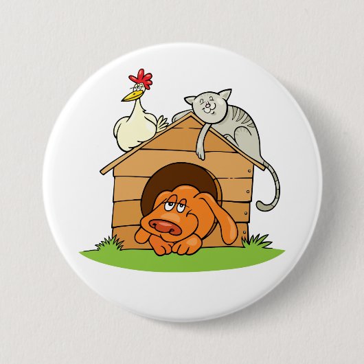 Funny Cartoon Dog Cat and Chicken on Doghouse Button (Vorderseite)