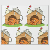 Funny Cartoon Dog Cat and Chicken on Doghouse Geschenkpapier (Flach)