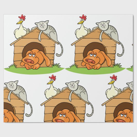 Funny Cartoon Dog Cat and Chicken on Doghouse Geschenkpapier (Flach)