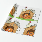 Funny Cartoon Dog Cat and Chicken on Doghouse Geschenkpapier (Ungerollt)