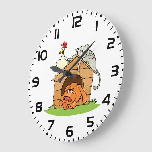 Funny Cartoon Dog Cat and Chicken on Doghouse Große Wanduhr (Winkel)