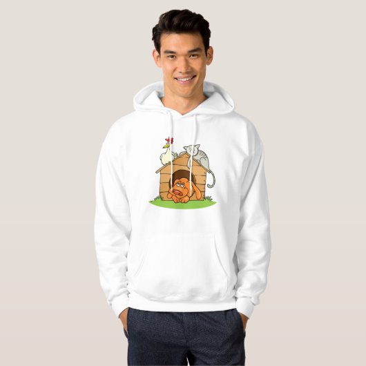 Funny Cartoon Dog Cat and Chicken on Doghouse Hoodie (Vorne ganz)