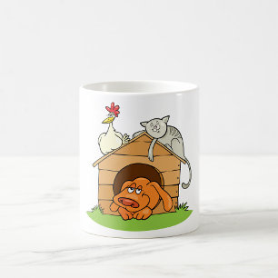 Funny Cartoon Dog Cat and Chicken on Doghouse Kaffeetasse