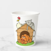 Funny Cartoon Dog Cat and Chicken on Doghouse Pappbecher (Vorderseite)