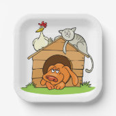 Funny Cartoon Dog Cat and Chicken on Doghouse Pappteller (Vorderseite)