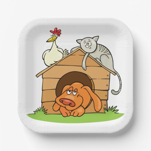 Funny Cartoon Dog Cat and Chicken on Doghouse Pappteller (Vorderseite)