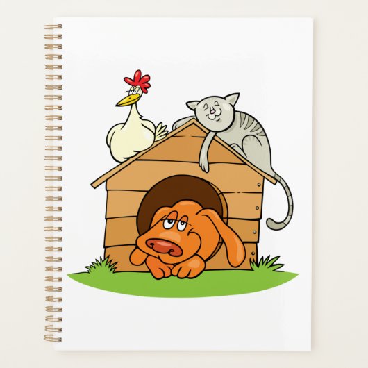Funny Cartoon Dog Cat and Chicken on Doghouse Planer (Vorderseite)