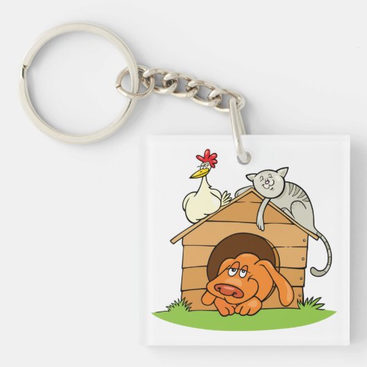 Funny Cartoon Dog Cat and Chicken on Doghouse Schlüsselanhänger (Vorderseite)