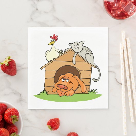 Funny Cartoon Dog Cat and Chicken on Doghouse Serviette