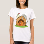 Funny Cartoon Dog Cat and Chicken on Doghouse T-Shirt (Vorderseite)