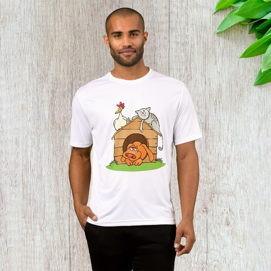 Funny Cartoon Dog Cat and Chicken on Doghouse T-Shirt