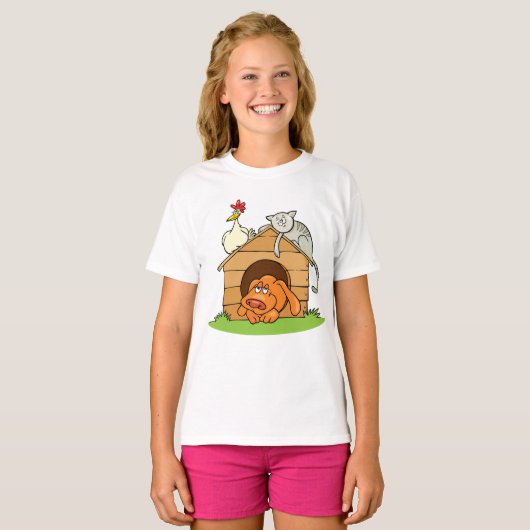Funny Cartoon Dog Cat and Chicken on Doghouse T-Shirt (Vorne ganz)
