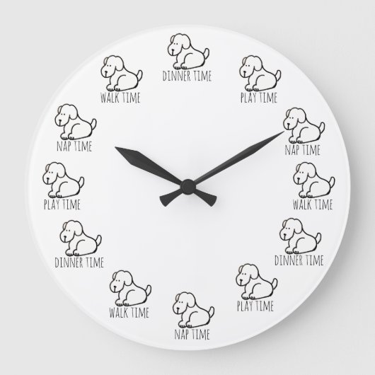 Funny Cartoon Dog Dinner Play Walk Nap Time Clock Große Wanduhr (Vorderseite)
