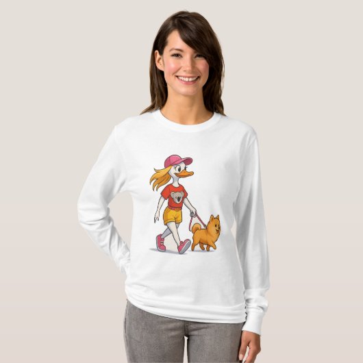 Funny Cartoon Duck Walking Dog T - Shirt - Niedlic (Vorne ganz)