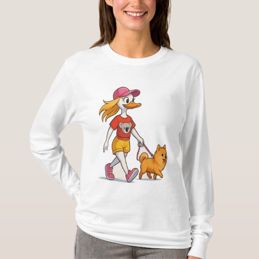 Funny Cartoon Duck Walking Dog T - Shirt - Niedlic (Vorderseite)