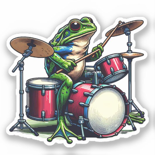 Funny Cartoon Frog spielt Trommeln Aufkleber (Vorderseite)