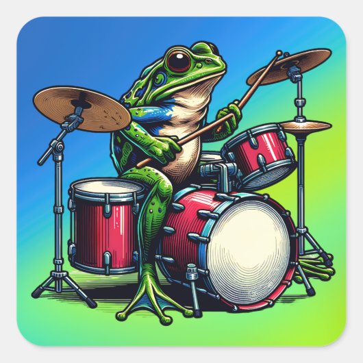 Funny Cartoon Frog spielt Trommeln Quadratischer Aufkleber (Vorderseite)