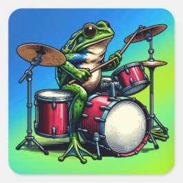 Funny Cartoon Frog spielt Trommeln Quadratischer Aufkleber