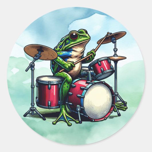 Funny Cartoon Frog spielt Trommeln Runder Aufkleber (Vorderseite)